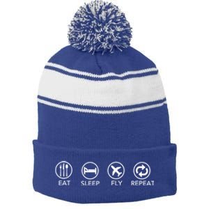 Eat Sleep Fly Repeat Gift Funny Aviator Pilot Gift Stripe Pom Pom Beanie