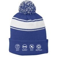 Eat Sleep Fly Repeat Gift Funny Aviator Pilot Gift Stripe Pom Pom Beanie