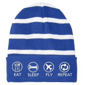 Eat Sleep Fly Repeat Gift Funny Aviator Pilot Gift Striped Beanie with Solid Band