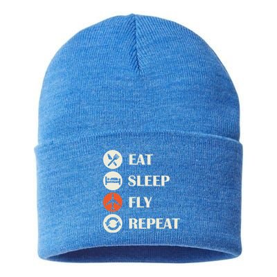 Eat Sleep Fly Repeat Funny Gift Pilot Jet Flyer Traveller Aircraft Gift Sustainable Knit Beanie