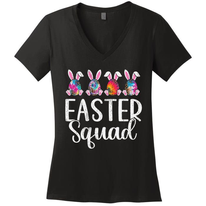 Easter Squad, Funny Egg Bunny Rabbit Rainbow Tie dye Leopard Women's V-Neck T-Shirt