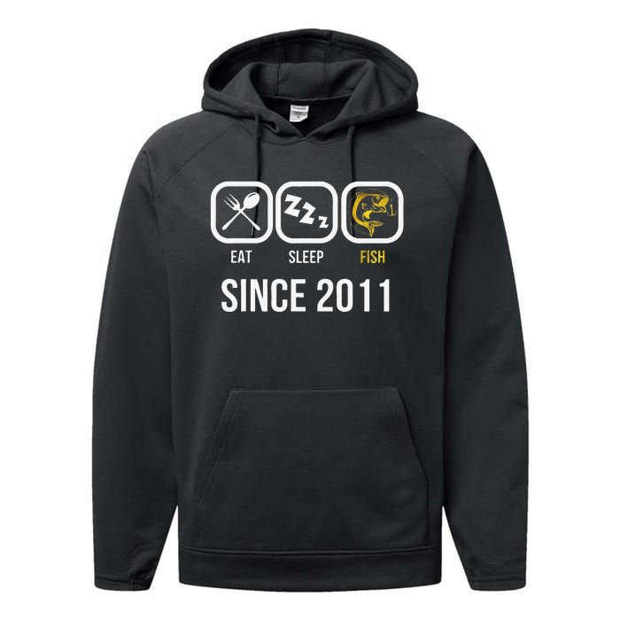 Eat Sleep Fish Since 2011 7th Birthday Fishing Performance Fleece Hoodie