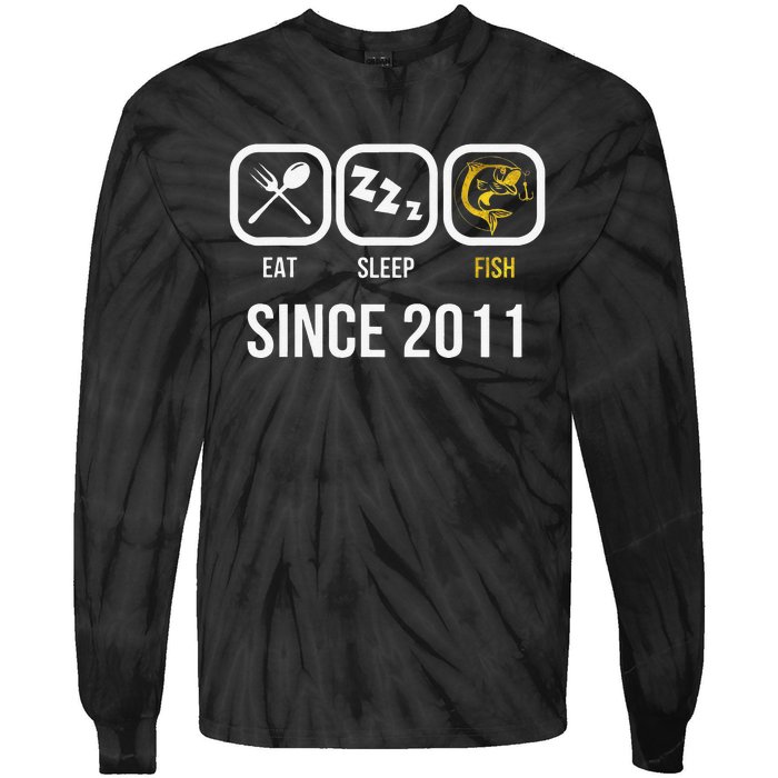 Eat Sleep Fish Since 2011 7th Birthday Fishing Tie-Dye Long Sleeve Shirt