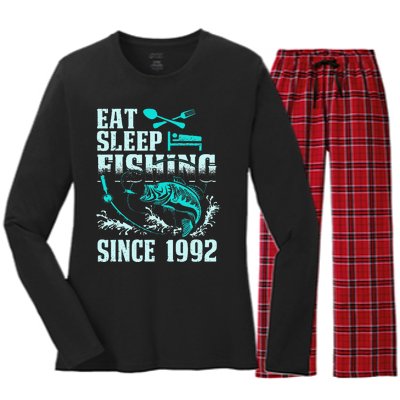 Eat Sleep Fishing Since 1992 25 Years Old Gift Women's Long Sleeve Flannel Pajama Set 