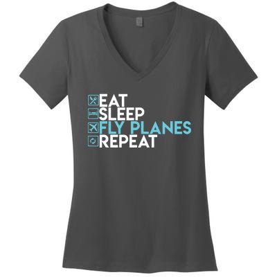 Eat Sleep Fly Planes Repeat Trendy Airplane Pilot Women's V-Neck T-Shirt