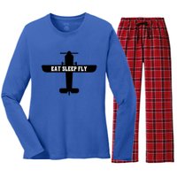 Eat Sleep Fly Pilot Outfit Airplane Runway Aviator Aviation Meaningful Gift Women's Long Sleeve Flannel Pajama Set 