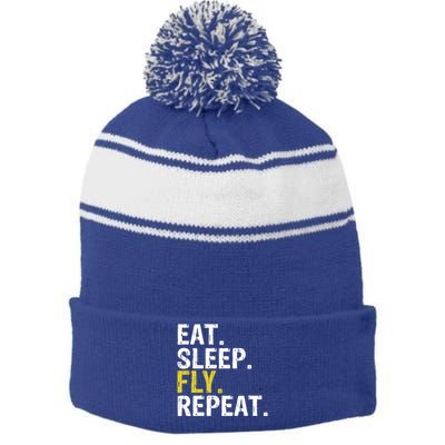 Eat Sleep Fly Repeat Aviation Pilot Gift Stripe Pom Pom Beanie