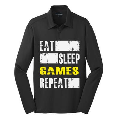 Eat Sleep Games Repeat Video Game Player Gamer Funny Gift Silk Touch Performance Long Sleeve Polo