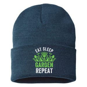 Eat Sleep Garden Repeat Funny Gardener Funny Plant Lover Funny Garden Lover Sustainable Knit Beanie