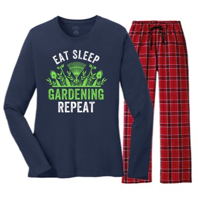 Eat Sleep Gardening Repeat Funny Gardener Funny Plant Lover Funny Plant Lover Women's Long Sleeve Flannel Pajama Set 