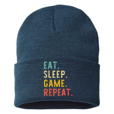 Eat Sleep Game Repeat Video Gamer Gaming Vintage Sustainable Knit Beanie