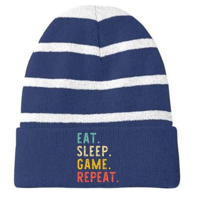 Eat Sleep Game Repeat Video Gamer Gaming Vintage Striped Beanie with Solid Band