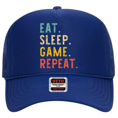 Eat Sleep Game Repeat Video Gamer Gaming Vintage High Crown Mesh Back Trucker Hat