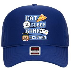 Eat Sleep Game Respawn Video Game Pixel Art For Gamer Gift High Crown Mesh Back Trucker Hat