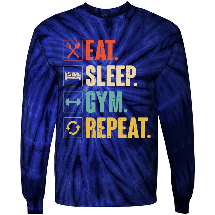 Eat Sleep Gym Repeat Funny Retro Vintage Workout Tie-Dye Long Sleeve Shirt