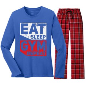 Eat Sleep Gym Repeat Workout Exercise Motivational Gift Women's Long Sleeve Flannel Pajama Set 