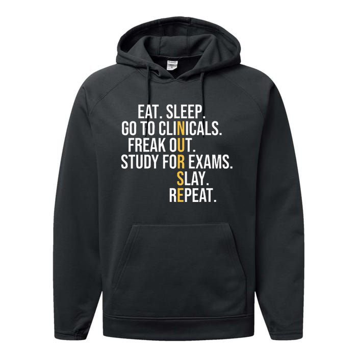 Eat Sleep Go To Clinicals Freak Out Nurse In Progress Performance Fleece Hoodie