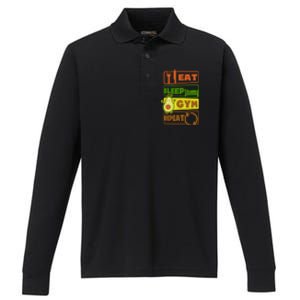 Eat Sleep Gym Repeat Design Vegan Athlete Meaningful Gift Performance Long Sleeve Polo