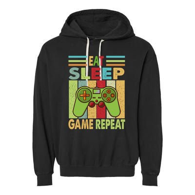 Eat Sleep Game Repeat Retro Vintage Funny Gamer Garment-Dyed Fleece Hoodie