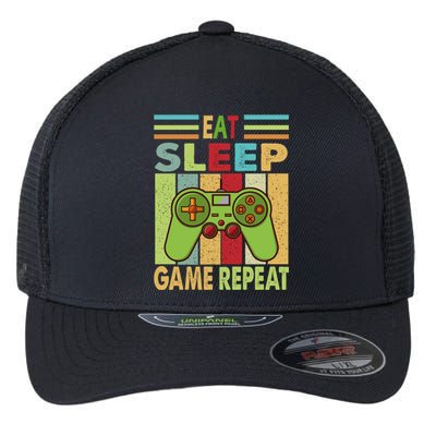 Eat Sleep Game Repeat Retro Vintage Funny Gamer Flexfit Unipanel Trucker Cap