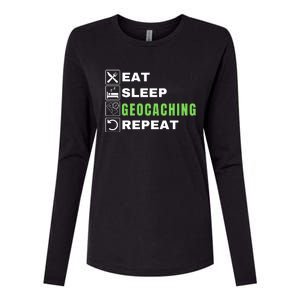 Eat Sleep Geocaching Repeat, Outdoorsman, Funny Geocaching Womens Cotton Relaxed Long Sleeve T-Shirt