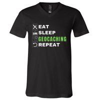 Eat Sleep Geocaching Repeat, Outdoorsman, Funny Geocaching V-Neck T-Shirt