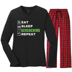 Eat Sleep Geocaching Repeat, Outdoorsman, Funny Geocaching Women's Long Sleeve Flannel Pajama Set 