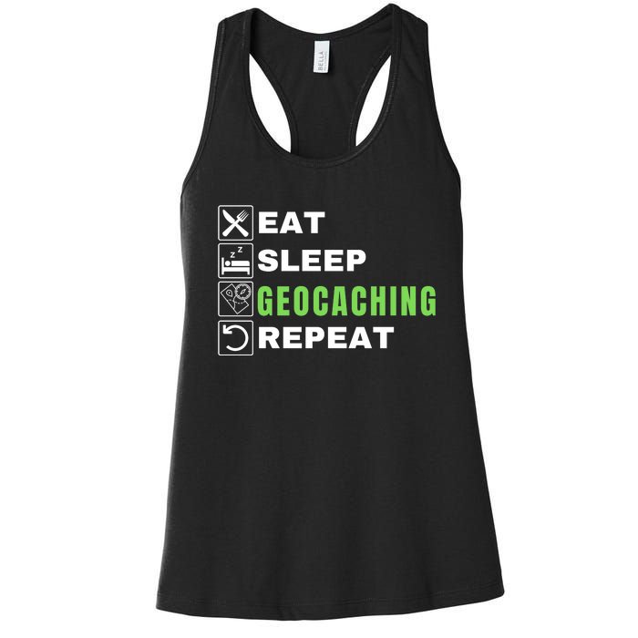 Eat Sleep Geocaching Repeat, Outdoorsman, Funny Geocaching Women's Racerback Tank