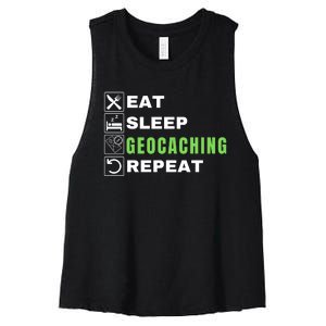 Eat Sleep Geocaching Repeat, Outdoorsman, Funny Geocaching Women's Racerback Cropped Tank