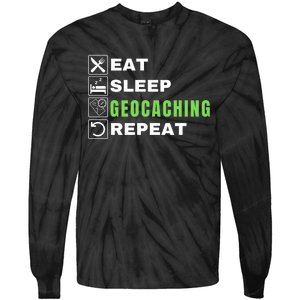 Eat Sleep Geocaching Repeat, Outdoorsman, Funny Geocaching Tie-Dye Long Sleeve Shirt