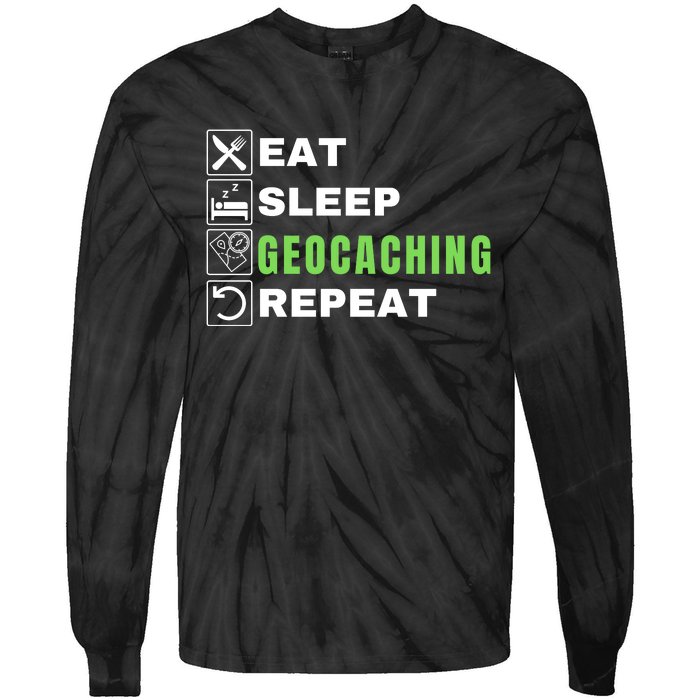 Eat Sleep Geocaching Repeat, Outdoorsman, Funny Geocaching Tie-Dye Long Sleeve Shirt