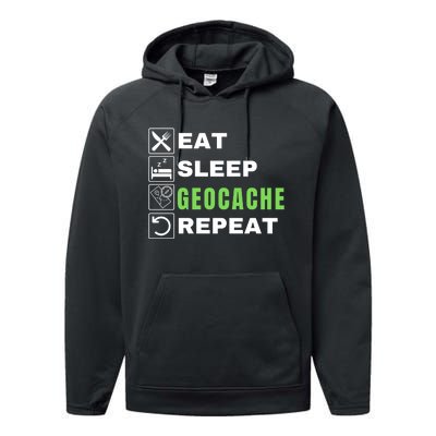 Eat Sleep Geocaching Repeat, Outdoorsman, Funny Geocache, Geocaching Performance Fleece Hoodie