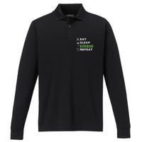 Eat Sleep Geocaching Repeat, Outdoorsman, Funny Geocache, Geocaching Performance Long Sleeve Polo