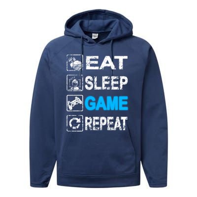 Eat Sleep Game Repeat Vintage Grunge Design Gift Performance Fleece Hoodie