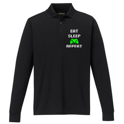 Eat Sleep Game Repeat / Video Game Gift Performance Long Sleeve Polo