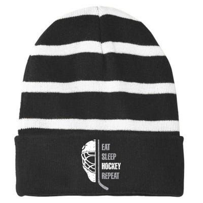 Eat Sleep Hockey Repeat Christmas Hockey Striped Beanie with Solid Band