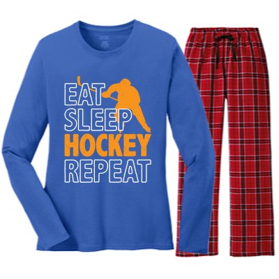 Eat Sleep Hockey Repeat Ice Hockey Lover Players Fun Meaningful Gift Women's Long Sleeve Flannel Pajama Set 