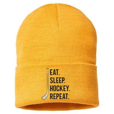 Eat Sleep Hockey Repeat Funny Ice Hockey Great Gift Sustainable Knit Beanie