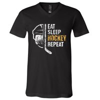 Eat Sleep Hockey Repeat Hockey Funny Ice Hockey V-Neck T-Shirt