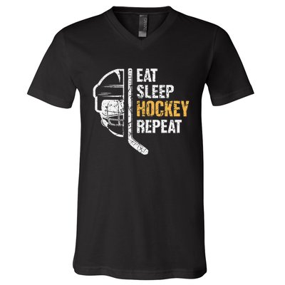 Eat Sleep Hockey Repeat Hockey Funny Ice Hockey V-Neck T-Shirt