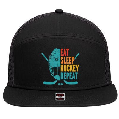 Eat Sleep Hockey Repeat Hockey Funny Ice Hockey 7 Panel Mesh Trucker Snapback Hat