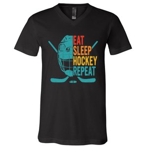 Eat Sleep Hockey Repeat Hockey Funny Ice Hockey V-Neck T-Shirt