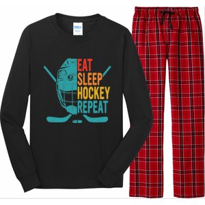 Eat Sleep Hockey Repeat Hockey Funny Ice Hockey Long Sleeve Pajama Set