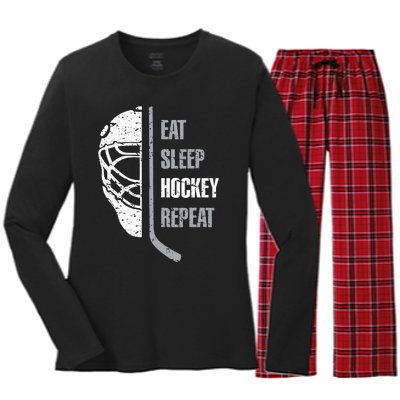 Eat Sleep Hockey Repeat Christmas For Teen Adult Hockey Women's Long Sleeve Flannel Pajama Set 