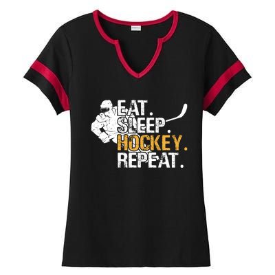 Eat Sleep Hockey Repeat Funny Ladies Halftime Notch Neck Tee