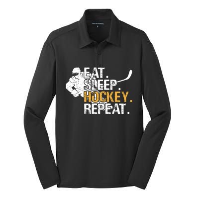 Eat Sleep Hockey Repeat Funny Silk Touch Performance Long Sleeve Polo