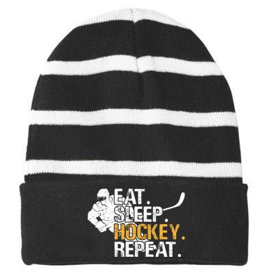 Eat Sleep Hockey Repeat Funny Striped Beanie with Solid Band