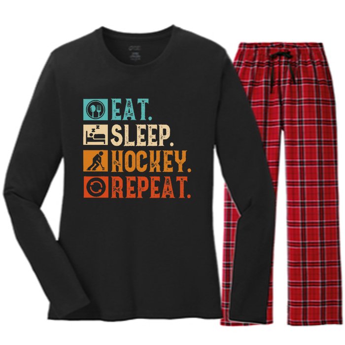 Eat Sleep Hockey Repeat Ice Hockey Women's Long Sleeve Flannel Pajama Set 