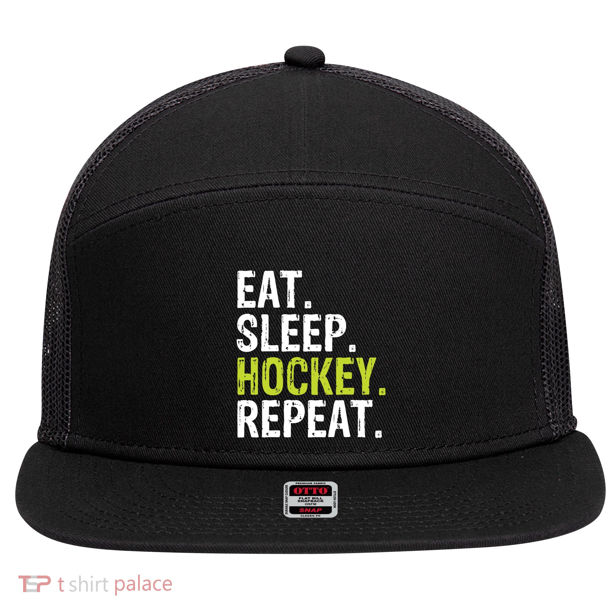 Eat Sleep Hockey Repeat Quote Statet Funny Gift 7 Panel Mesh Trucker Snapback Hat