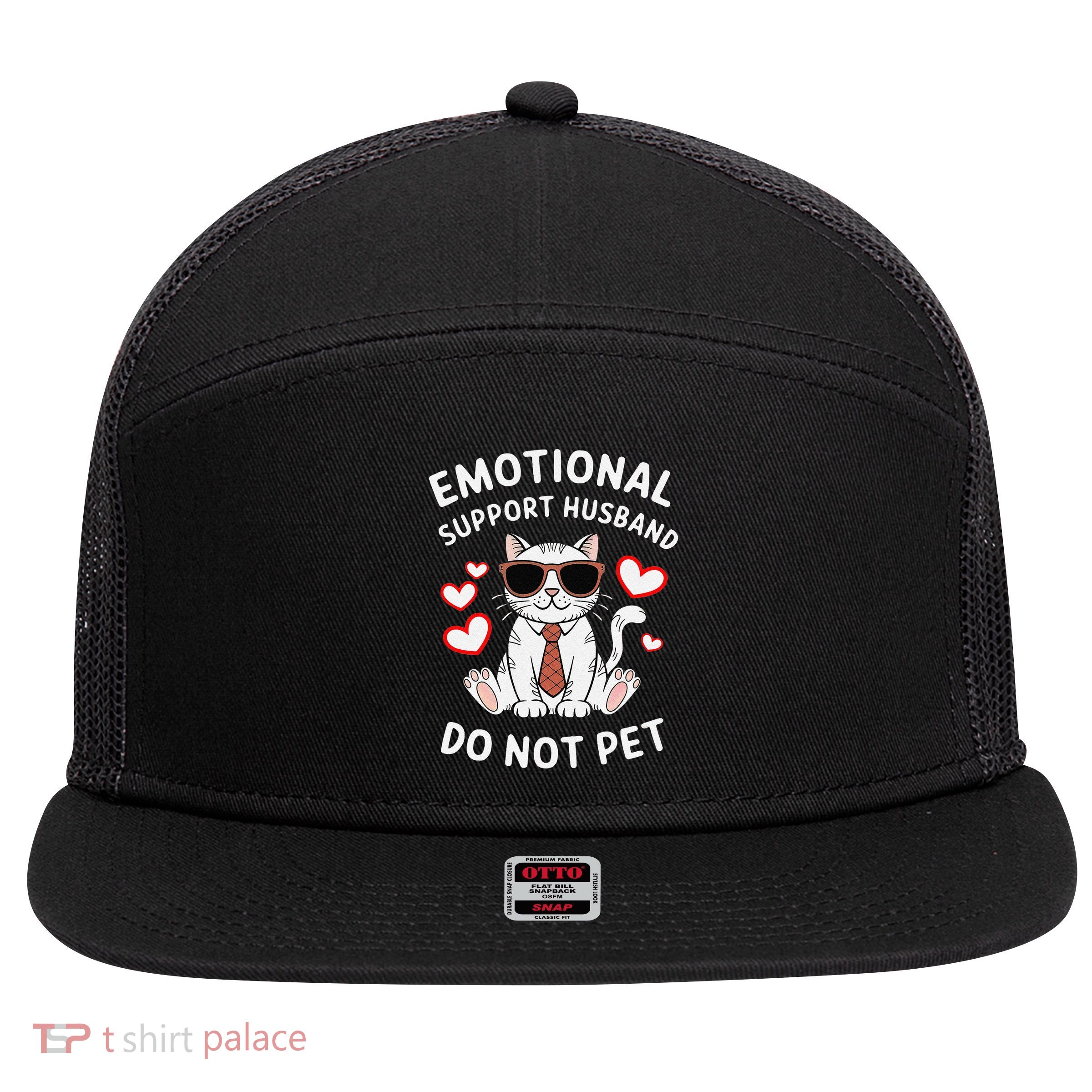 Emotional Support Husband Do Not Pet Funny Cat 7 Panel Mesh Trucker Snapback Hat